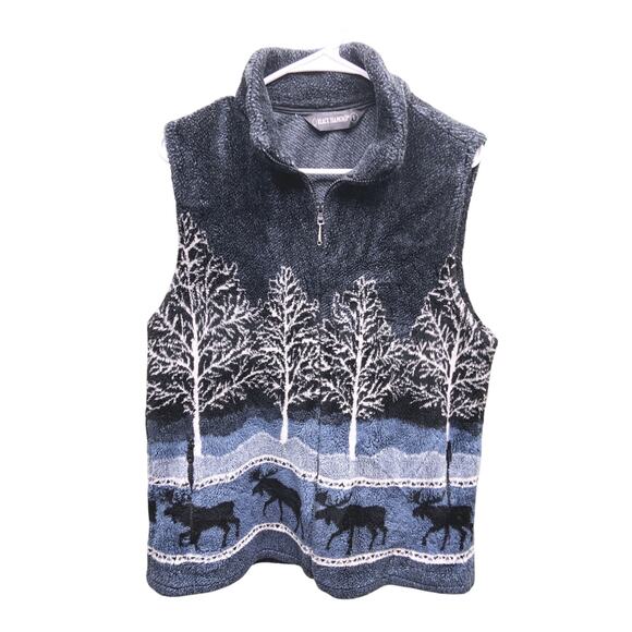 Vintage Black Diamond Woodsy Moose Print Fleese Vest Size L - Picture 1 of 5